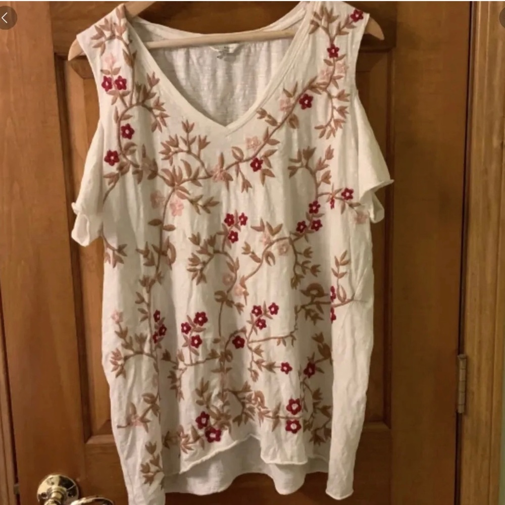 Womens Plus Size Lucky Brand Cold Shoulder Embroidered V Neck Top 2XL
